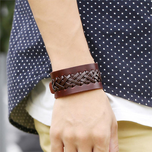 Viking Braided Black or Brown Leather Large Bracelet Adjust Unisex