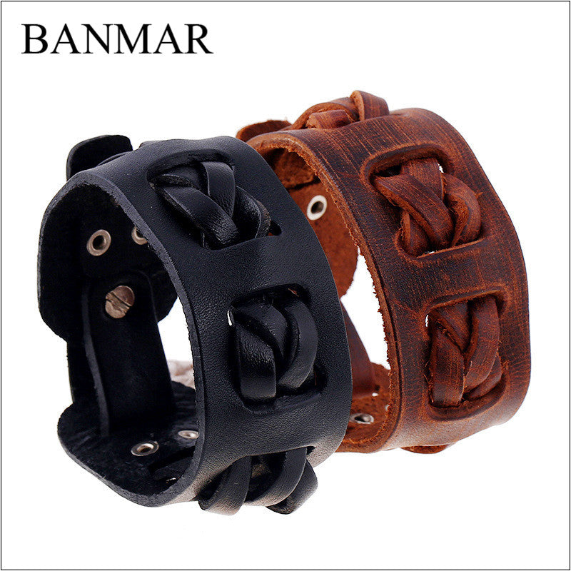 Norse Hand Crafted Braided Leather Wide Black Or Brown 7” Bracelet