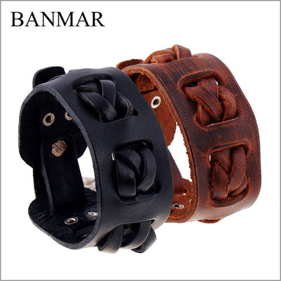 Norse Hand Crafted Braided Leather Wide Black Or Brown 7” Bracelet