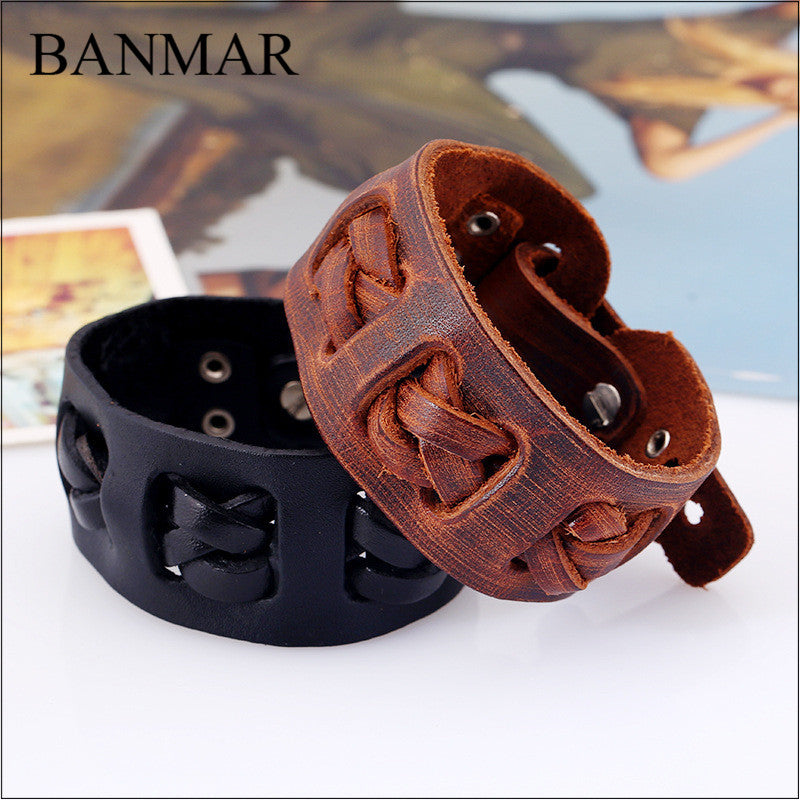 Norse Hand Crafted Braided Leather Wide Black Or Brown 7” Bracelet