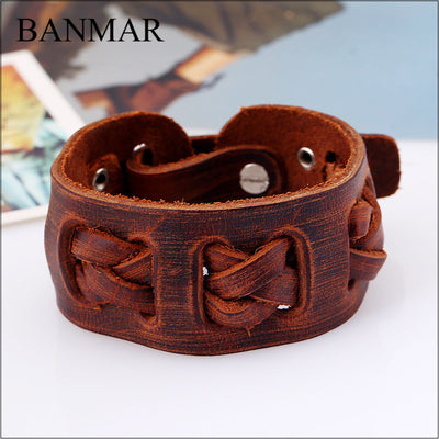 Norse Hand Crafted Braided Leather Wide Black Or Brown 7” Bracelet