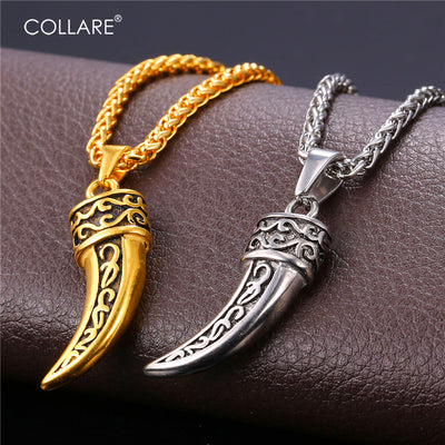 Viking Steel Wolf Fang Unisex Necklace Pendant! In Both Gold And Steel Colors! - Viking Jewelry Life