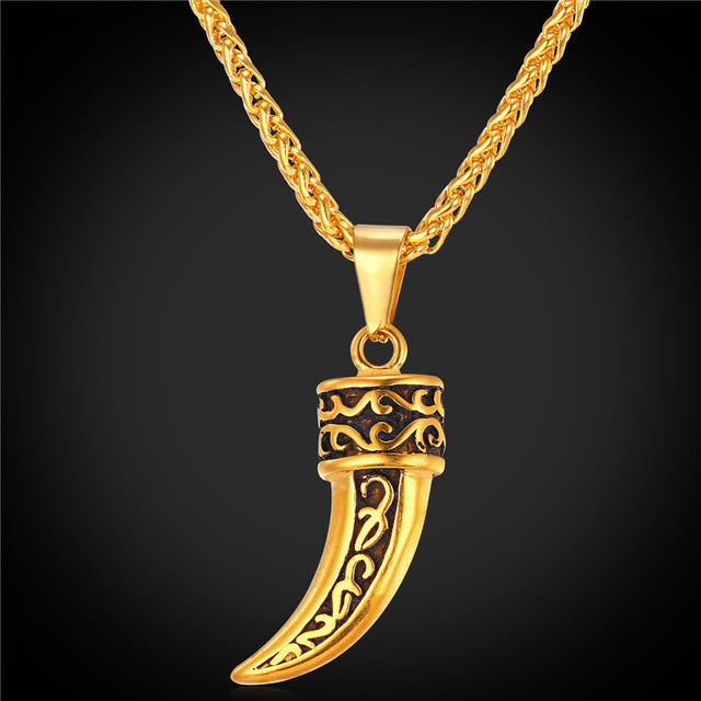 Viking Steel Wolf Fang Unisex Necklace Pendant! In Both Gold And Steel Colors! - Viking Jewelry Life