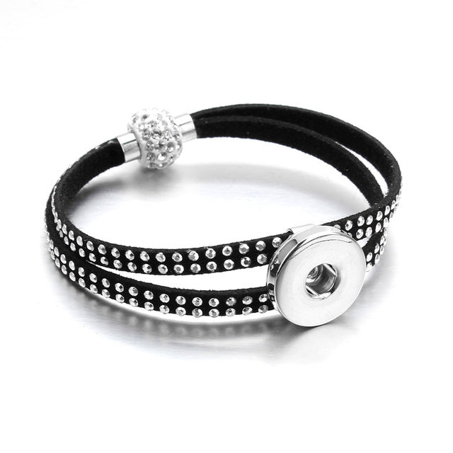 Vintage Black Beaded Leather Bracelet FIt 18/20MM Snaps Button Jewelry