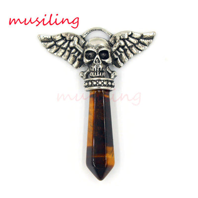 Viking Semi-Precious Stone Prism Skull Wings Silver-tone Necklace 19 Colors Unisex