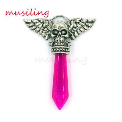 Viking Semi-Precious Stone Prism Skull Wings Silver-tone Necklace 19 Colors Unisex