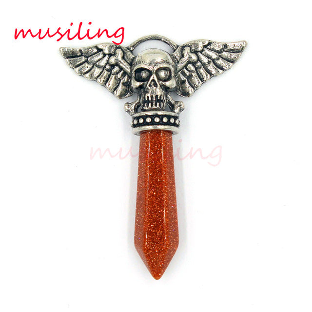 Viking Semi-Precious Stone Prism Skull Wings Silver-tone Necklace 19 Colors Unisex