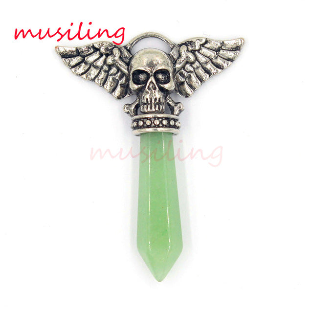 Viking Semi-Precious Stone Prism Skull Wings Silver-tone Necklace 19 Colors Unisex