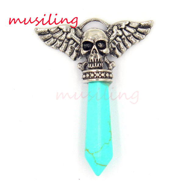 Viking Semi-Precious Stone Prism Skull Wings Silver-tone Necklace 19 Colors Unisex