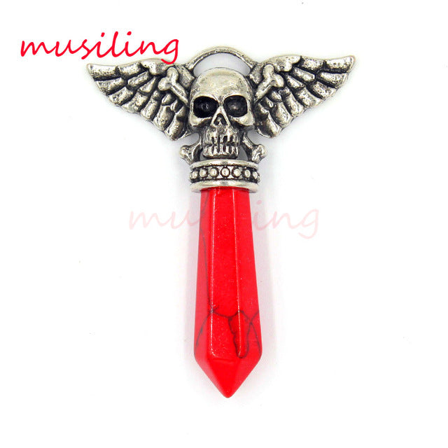 Viking Semi-Precious Stone Prism Skull Wings Silver-tone Necklace 19 Colors Unisex