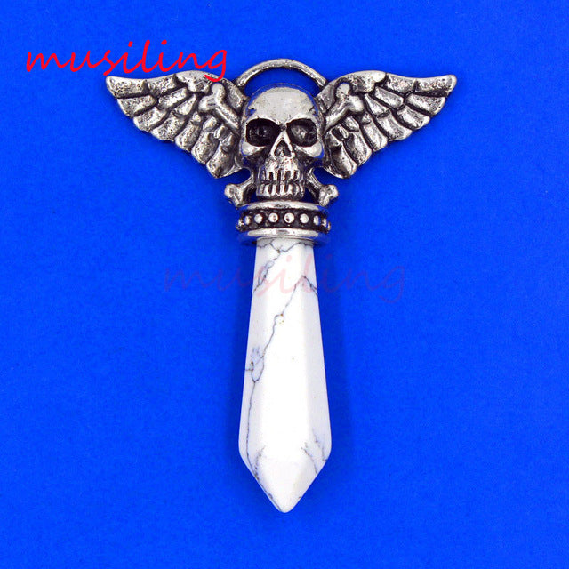 Viking Semi-Precious Stone Prism Skull Wings Silver-tone Necklace 19 Colors Unisex