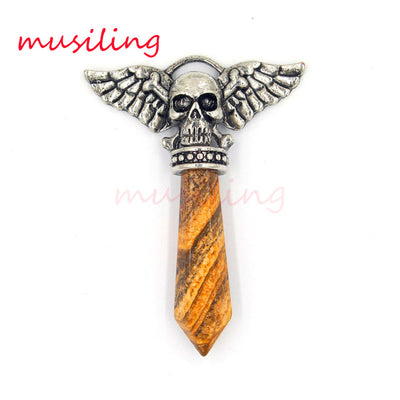 Viking Semi-Precious Stone Prism Skull Wings Silver-tone Necklace 19 Colors Unisex