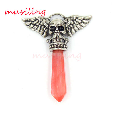 Viking Semi-Precious Stone Prism Skull Wings Silver-tone Necklace 19 Colors Unisex
