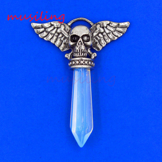 Viking Semi-Precious Stone Prism Skull Wings Silver-tone Necklace 19 Colors Unisex
