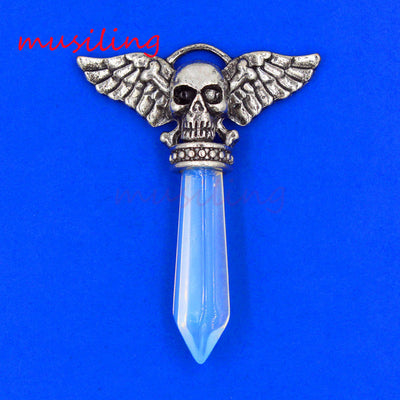 Viking Semi-Precious Stone Prism Skull Wings Silver-tone Necklace 19 Colors Unisex