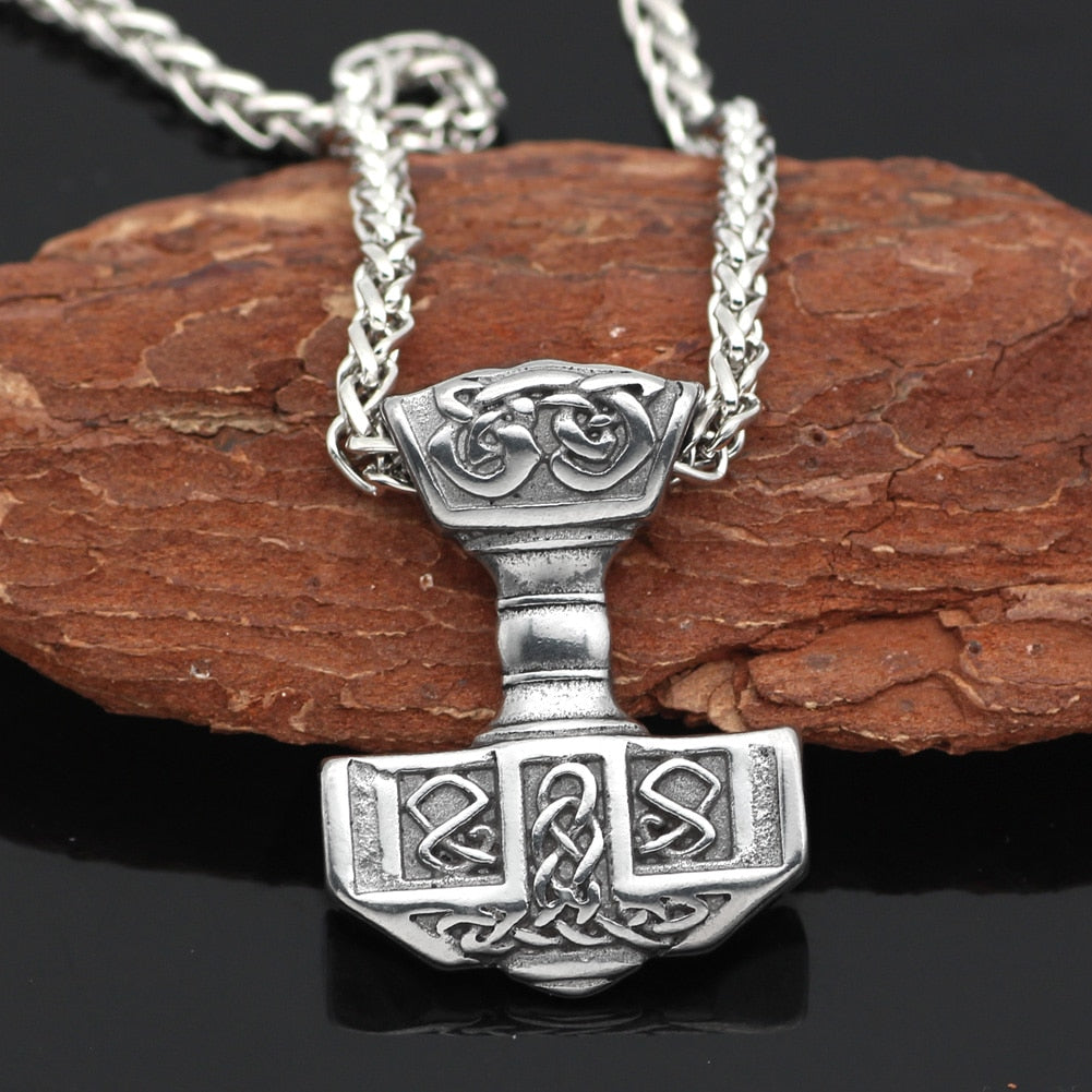 Bold Thor's Hammer Silver Stainless Black Cord/ Chain 24" Necklace