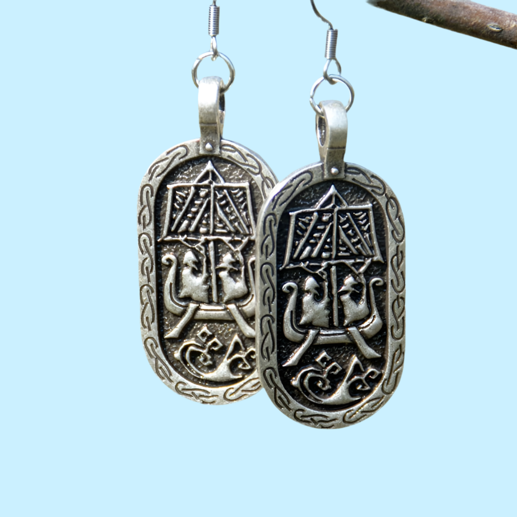 Unique Viking Longboat Oval Drop Silver Stainless Steel Earrings