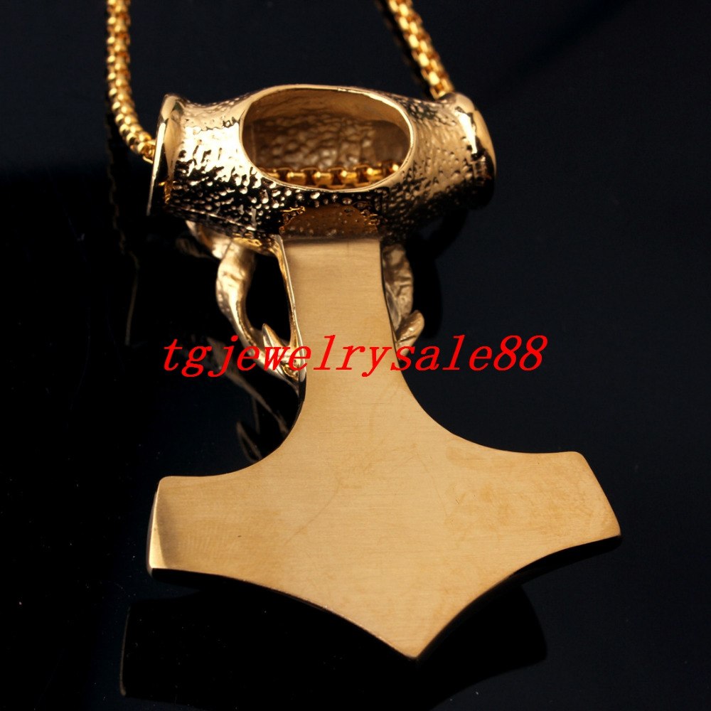 Large Thor Hammer Sheep Gold Stainless Steel 3" Pendant w/ Chain Necklace