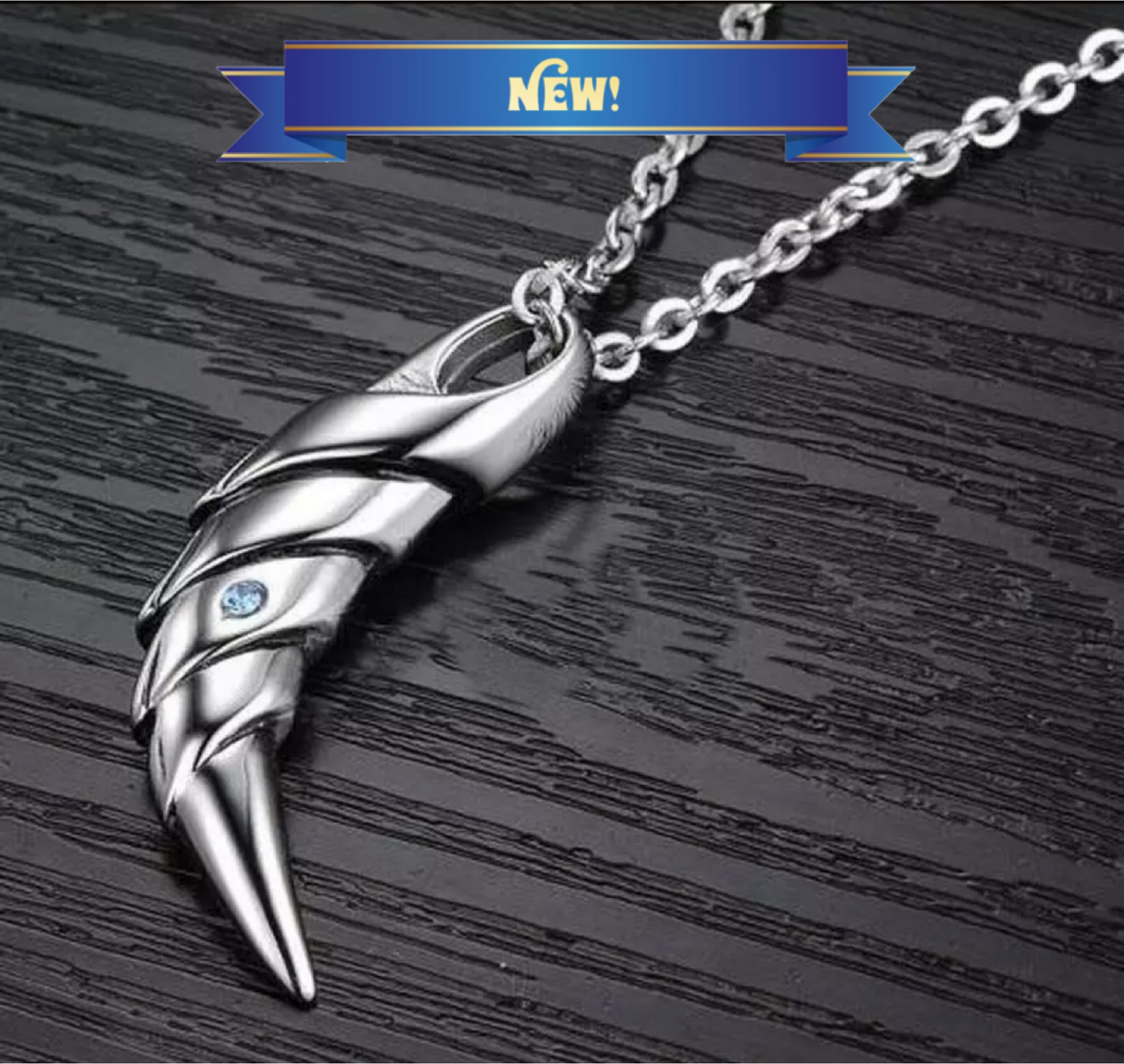 Cool Wolf Stainless Steel Pendant Blue Crystal 22” Necklace