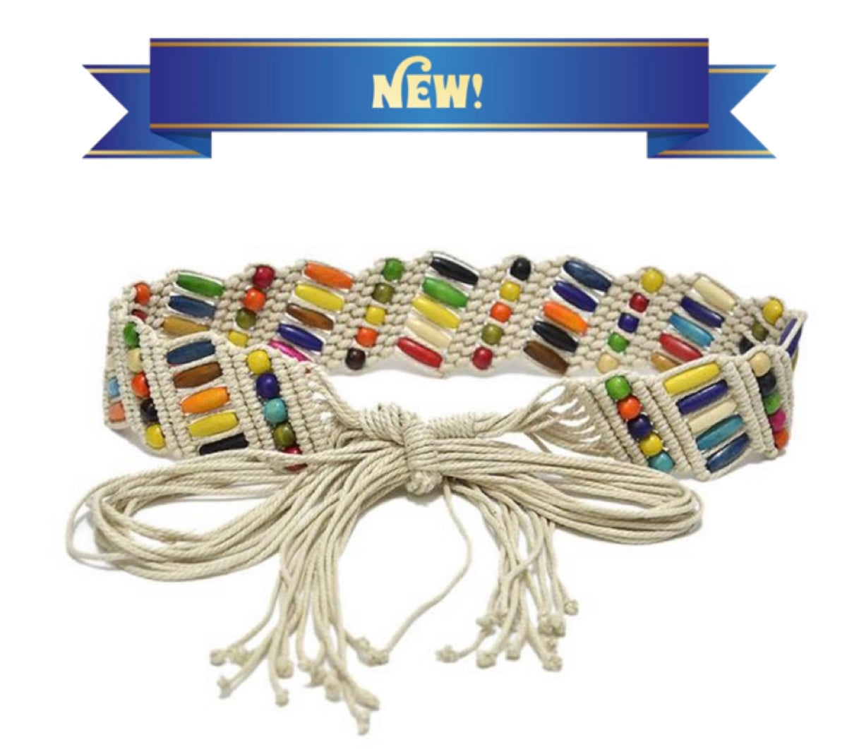 Handcrafted Cotton & Colorful Wood Bead Belts 65" Beige or Tan