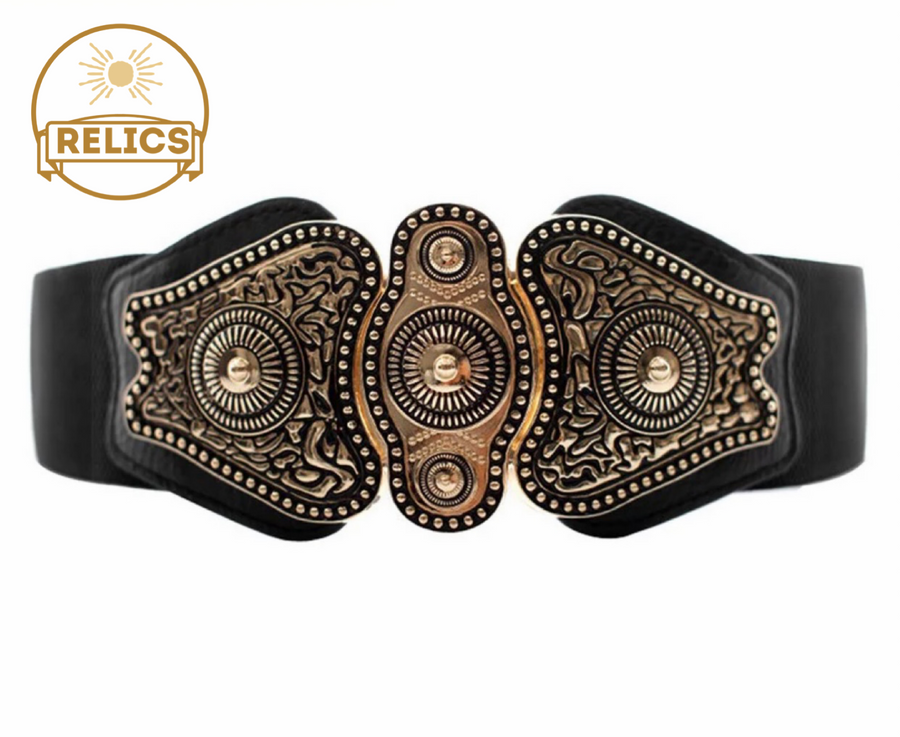 Medieval Relic Buckle Black Stretch Wide Belt Sizes (S) (M) (L)