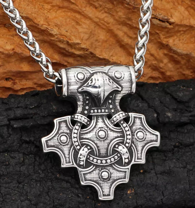 Odin's Raven Artistic Thor Hammer Stainless Steel Pendant 24" Silver Necklace