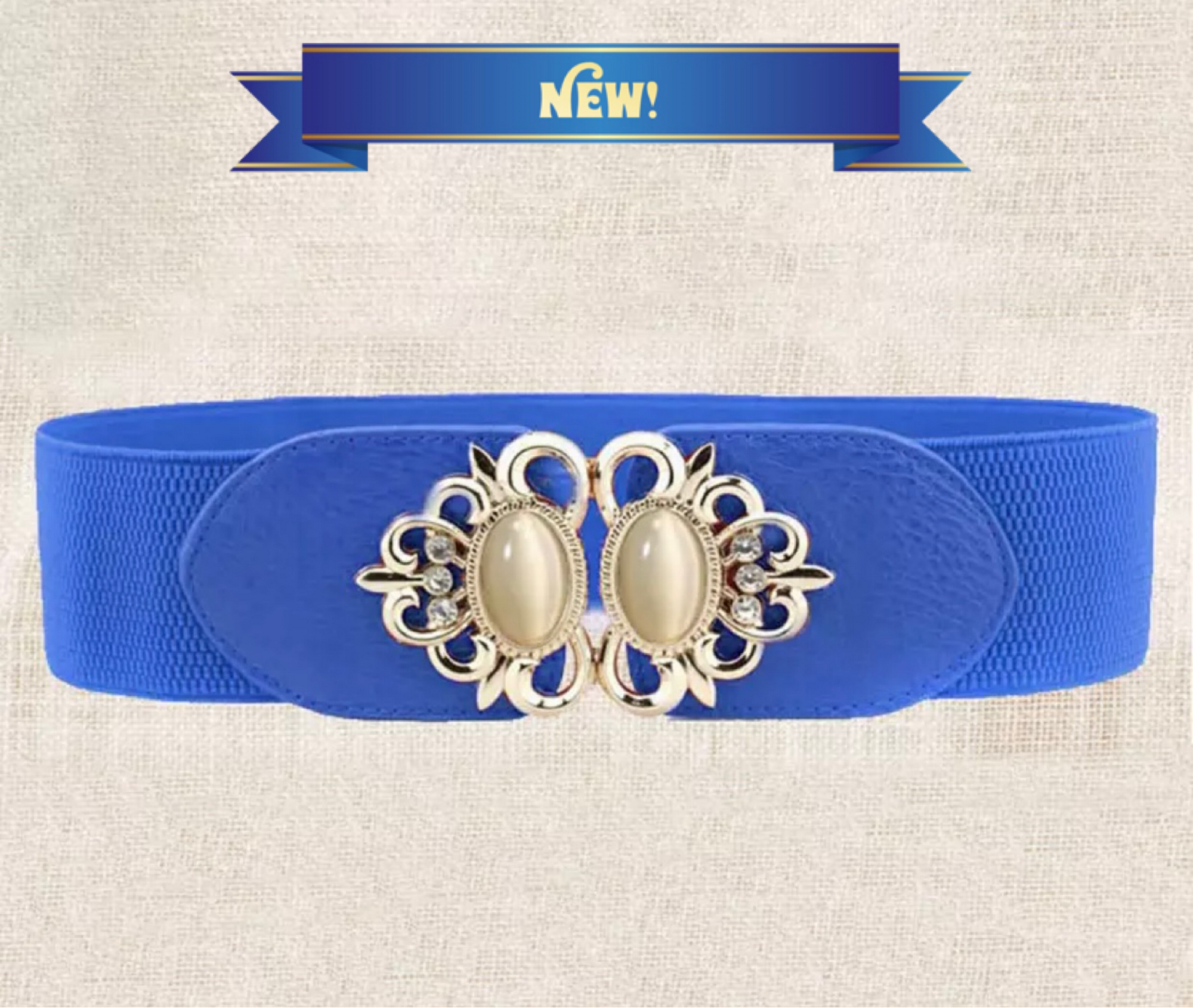 Pretty Retro Blue Stretch Belt w/ Opal & Gold Buckle Fits 24"- 41" Waist