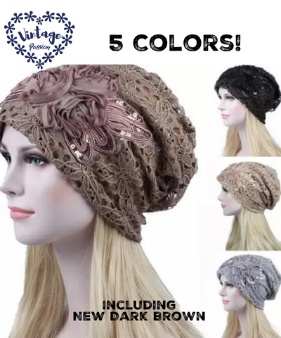 Romantic Vintage Lace Polyester Beanie Turban 5 Colors Hat