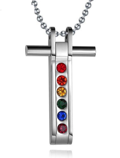 Retro Silver Cross Colorful CZs Stainless w/ Chain Necklace