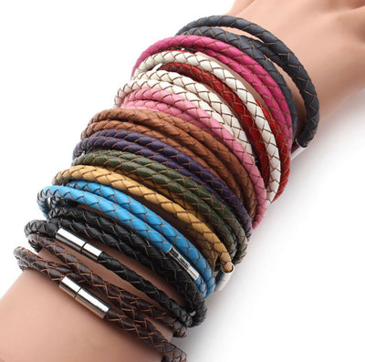 Braided Leather 3-Wrap Bracelet 23.6" 13 Colors Magnetic