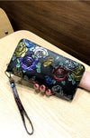 Colorful Floral Vintage Black Leather Long Zipper Wallet and Cell Phone Case