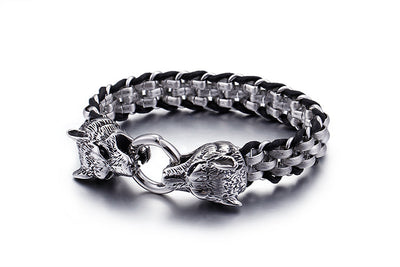 Viking Wolf Silver Stainless Steel w/ Woven Black Cord 8" Bracelet Unisex