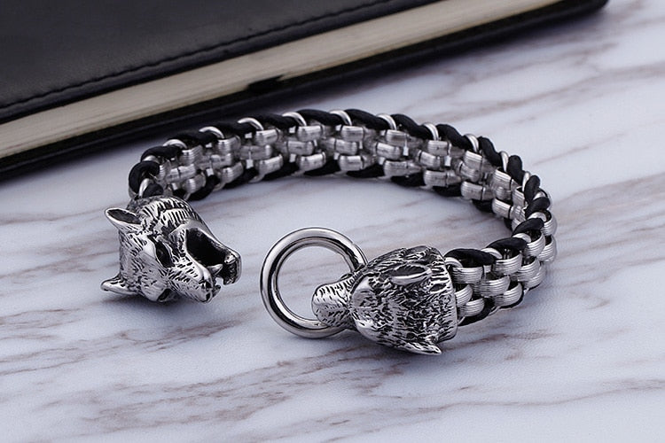 Silver Double Headed Wolf Leather Bracelet | American Wolves