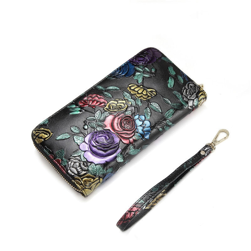 Colorful Floral Vintage Black Leather Long Zipper Wallet and Cell Phone Case