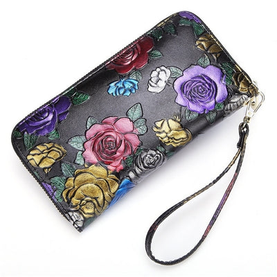 Colorful Floral Vintage Black Leather Long Zipper Wallet and Cell Phone Case