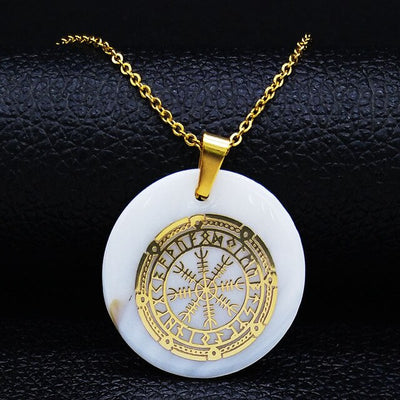 Helm of Awe Viking Protection & Runes White Shell & Stainless Steel 3 Colors w/ 20" Necklace