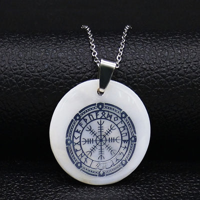 Helm of Awe Viking Protection & Runes White Shell & Stainless Steel 3 Colors w/ 20" Necklace