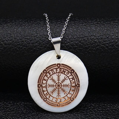 Helm of Awe Viking Protection & Runes White Shell & Stainless Steel 3 Colors w/ 20" Necklace