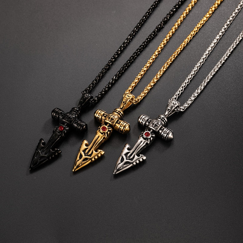 Spear Sword Cross Gold/Black/Silver Stainless Steel 24" Necklace