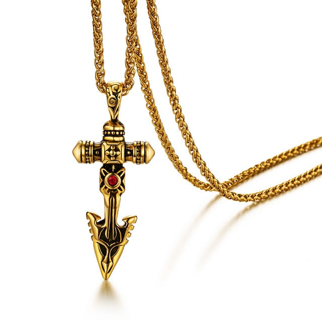 Spear Sword Cross Gold/Black/Silver Stainless Steel 24" Necklace