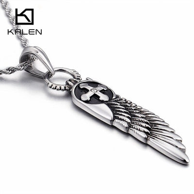 Raven Wing & Sun Cross Silver Stainless Steel 20/22/24" Necklace