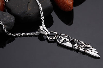 Raven Wing & Sun Cross Silver Stainless Steel 20/22/24" Necklace