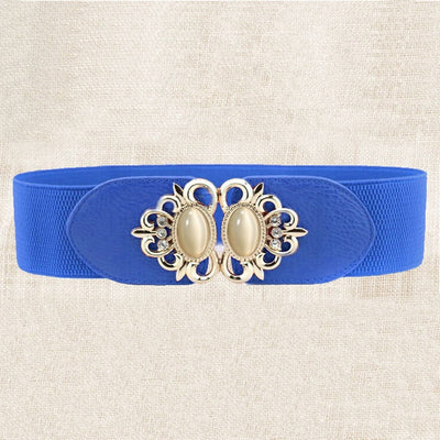 Pretty Retro Blue Stretch Belt w/ Opal & Gold Buckle Fits 24"- 41" Waist