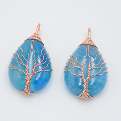 Sky Blue Agate Natural Gem World Tree Rose Gold Wire Hand  Wrapped Pendant