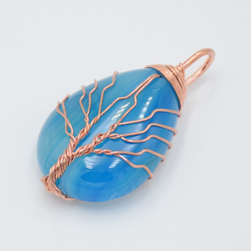 Sky Blue Agate Natural Gem World Tree Rose Gold Wire Hand  Wrapped Pendant