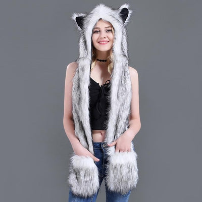 Viking Animal Hat Polyester Fur Hood Scarf w/ Pockets Hat
