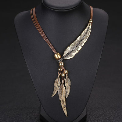 Feathers Alloy Necklace 3 Colors: Brown/Gold Or Black/Gold Or Black/Silver