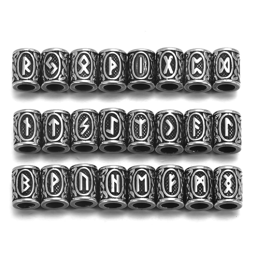 24pcs Norse Elder Futhark Runes Lg. Stainless Steel Hair & Beard Beads