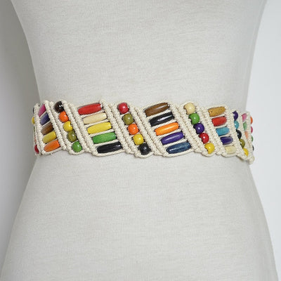 Handcrafted Cotton & Colorful Wood Bead Belts 65" Beige or Tan