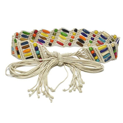 Handcrafted Cotton & Colorful Wood Bead Belts 65" Beige or Tan